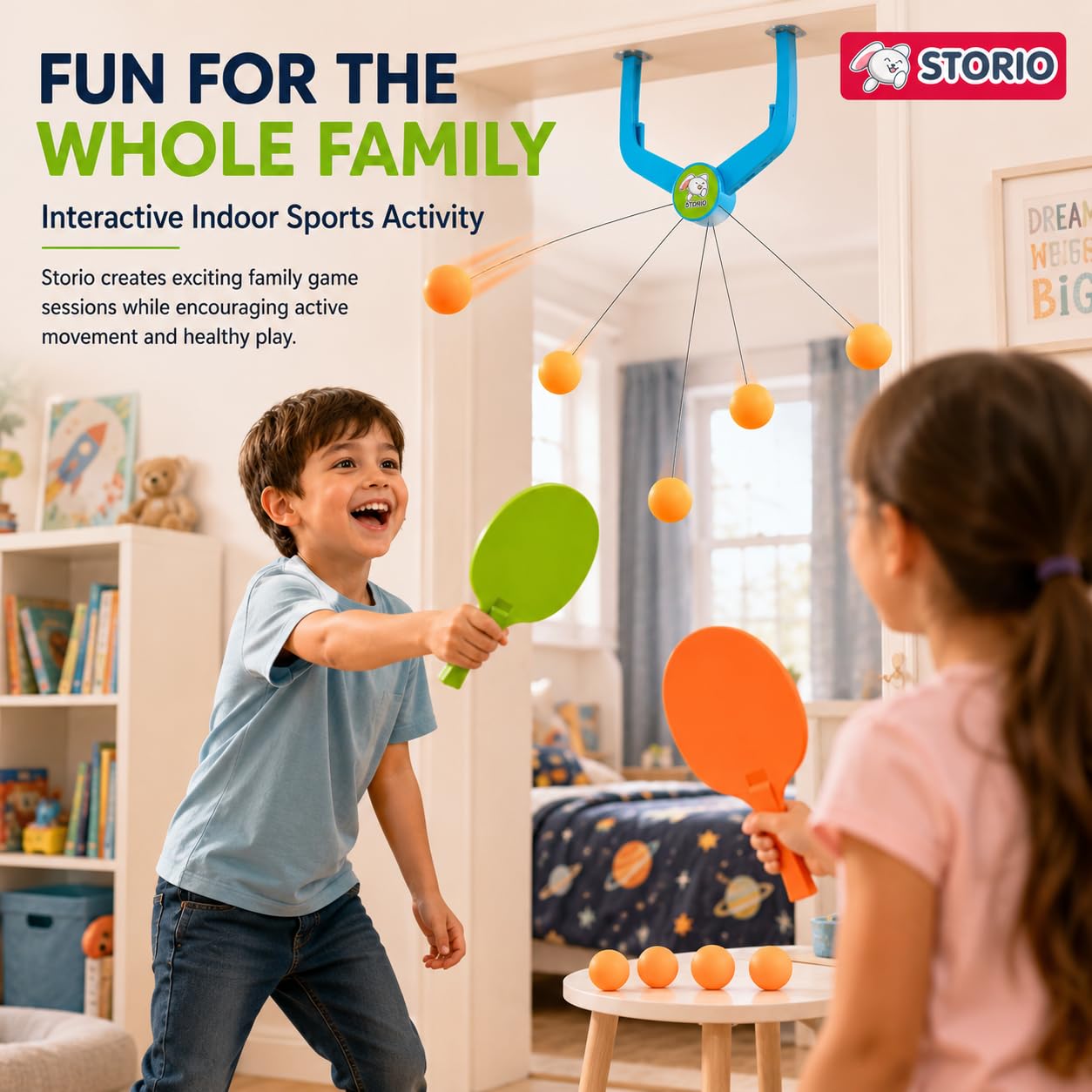 Storio Hanging Table Tennis Trainer, Door Mounted Ping Pong Training Set with 2 Rackets and 5 Balls, Indoor Reflex Training Toy for Boys and Girls Age 5-14 Years — Amazon image 2