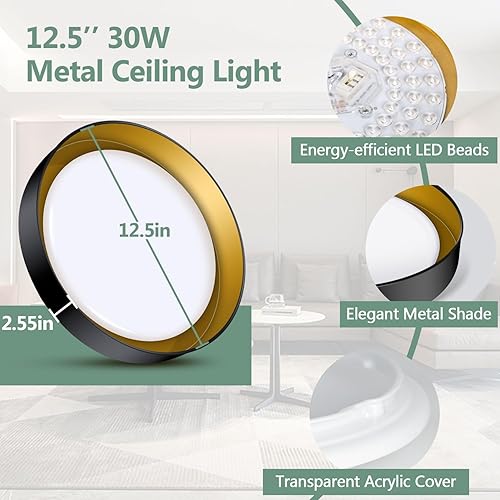 Miniatura 6 de Lámpara de techo LED de montaje empotrado, 12.5 pulgadas, 30 W, equivalente a 375 W, color negro con luz de techo interior dorada regulable - 3CCT