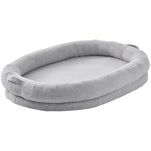 VEVOR Human Dog Bed, 72" x48"x10" for Adult, Human Size with Washable Faux Rabbit Fur Cover, Egg Orthopedic Foam, Storage Pocket, Large Dog Bean Bed, Lightweight Grey - Fully-Enclosed - Short Plush - 183L x 122W x 25H cm - Light Grey