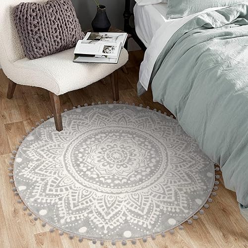 Miniatura 5 de Uphome Alfombra redonda bohemia para dormitorio, 3 pies, diseño de mandala, gris, alfombra de baño con pompones y flecos, alfombra circular lavable,