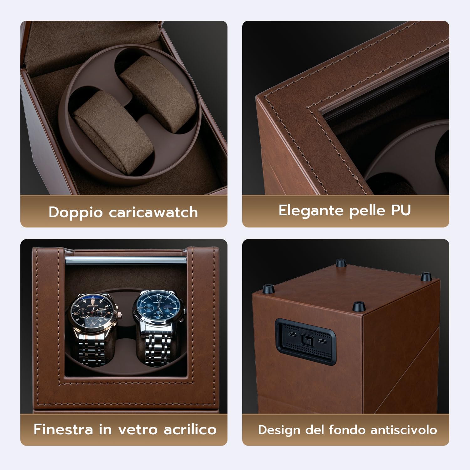 Mcbazel Carica Orologi Automatici in Pelle, Scatola per Due Orologi, Cofanetto per Orologi Automatici con Unità Rotante Silenziosa a Due Mode di Rotazione [Marrone]