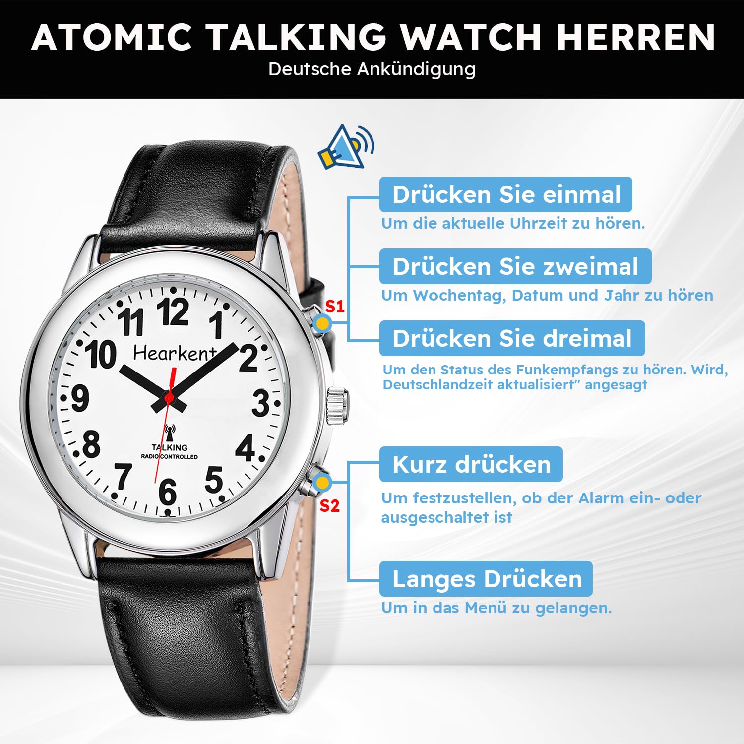 Hearkent Orologio parlante, lingua tedesca, orologio da polso radiocontrollato