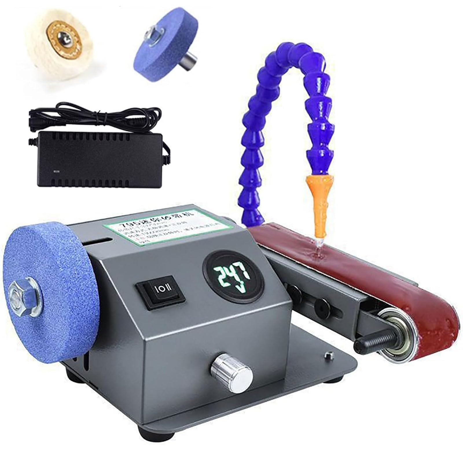 350W Electric Wet and Dry Bench Sander, Mini Electric Knife Sharpener with 10 Pcs Sanding Belts, 0-13000RPM Stepless Speed Adjustable, Flexible Water Pipe for Grinding Polishing Metal, Wood