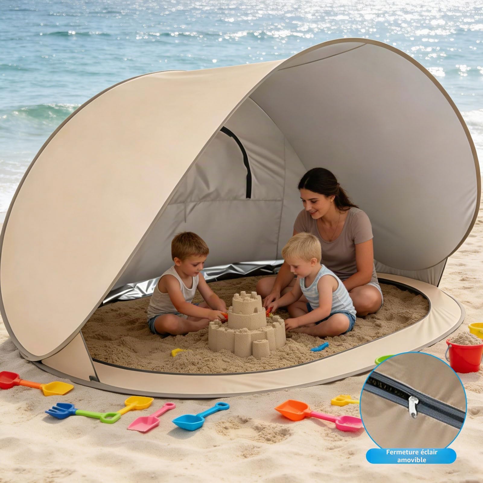 Tente de plage pop-up améliorée, tente de plage portable pour 3 à 4 personnes, fond amovible, abri de plage protection UV 50, tente de plage coupe-vent pour protection solaire, plage, jardin (beige)