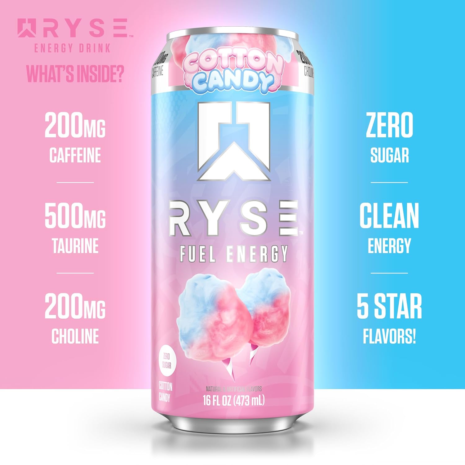 RYSE Fuel Energy Drink - Cotton Candy - Sugar Free, Gluten Free & Vegan - 200mg Natural Caffeine, Taurine & Choline for Focus & Energy - No Artificial Colors - 16 fl oz Cans (12-Pack)