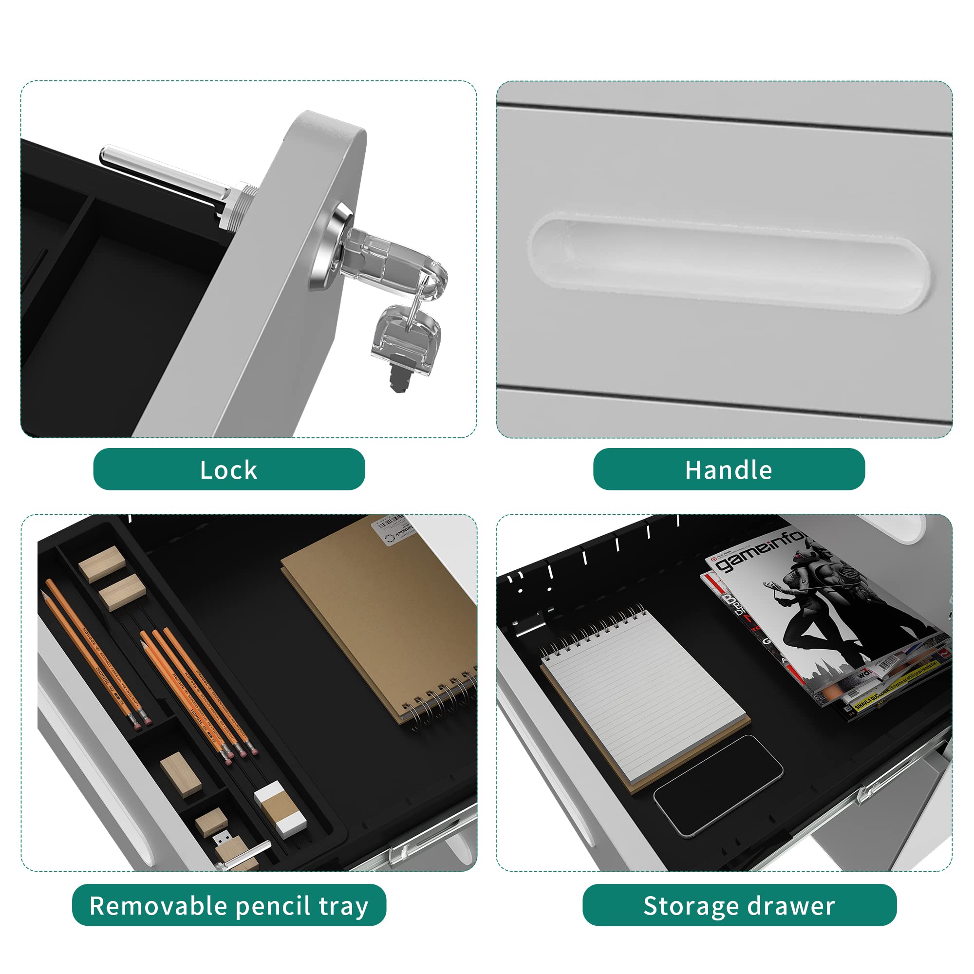 YITAHOME Rollcontainer, Metall Rollcontainer mit 3 Schubladen für A4, Legal, Letter, Abschließbar Aktenschrank Büroschrank mit 4 Rollen für Home-Office, 48 x 38 x 58cm, Weiß + Grau