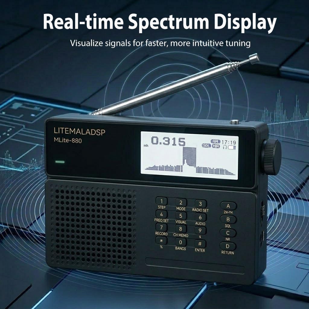 2026 Upgraded MLite-880 Portable All-Band DSP/SDR Radio Receiver, V2.1.0 Shortwave Radio with Spectrum Display, 5000mAh Battery & Bluetooth