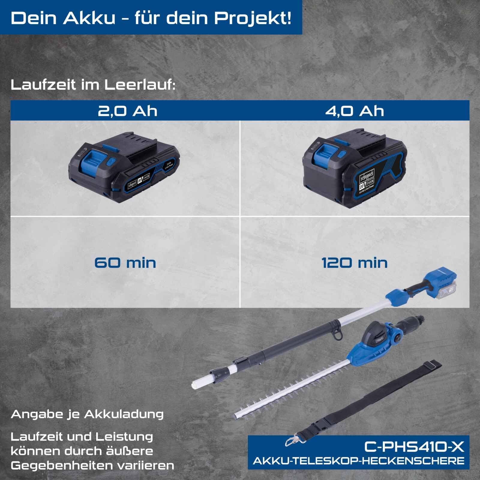 Scheppach C-PHS410-X Cortasetos telescópico inalámbrico Longitud de corte 410 mm Espesor máx. ramas 16 mm Alcance total 2,6 m Cabezal de motor con 11 ángulos diferentes Serie IXES 20 V
