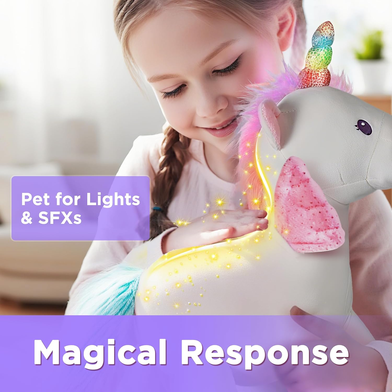 iPlay, iLearn Plush Magic Unicorn Toy W/Remote Control Fairy Magical Wand, Girl Music Unicorn Stuffed Animal W/LED Light Sound, Interactive Birthday Gift 18 24 Month Baby Toddler 2 3 4 5 6 7 Year Kid