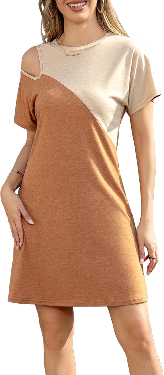 Women Colorblock Cold Shoulder Short Sleeve Tshirt Dress Casual Summer Dress Large Brown