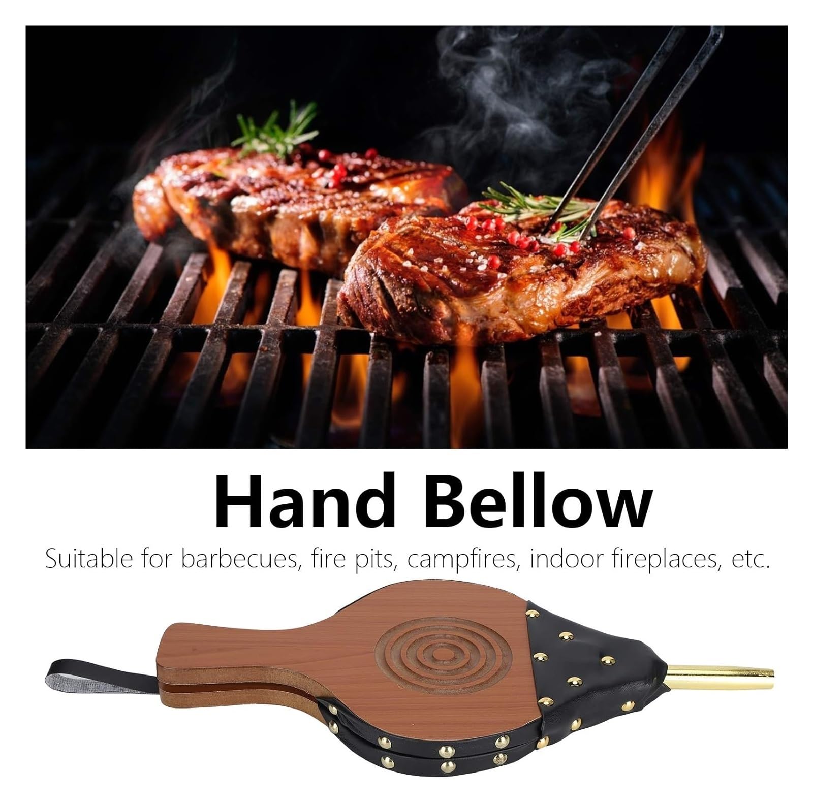 Fuelle， Soplador Manual for Chimenea, Fuelle de Madera for Chimenea, Herramientas de Fuego for Acampar al Aire Libre, Barbacoa y Picnic, 1 ud.
