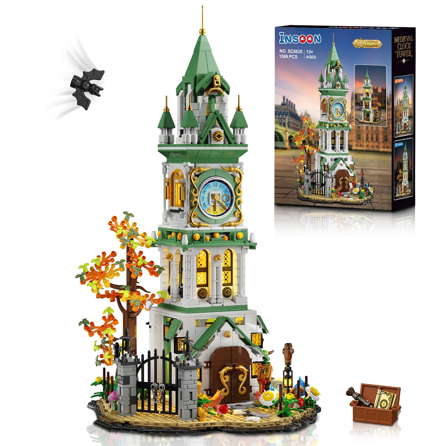 INSOON Magisches Uhrenturm Bauset mit Beleuchtung, 1566 Stück Großes Mittelalterliches Burg Haus Klemmbausteine mit Eule & Garten, Erwachsene Jugendliche Jungen Mädchen ab 12+