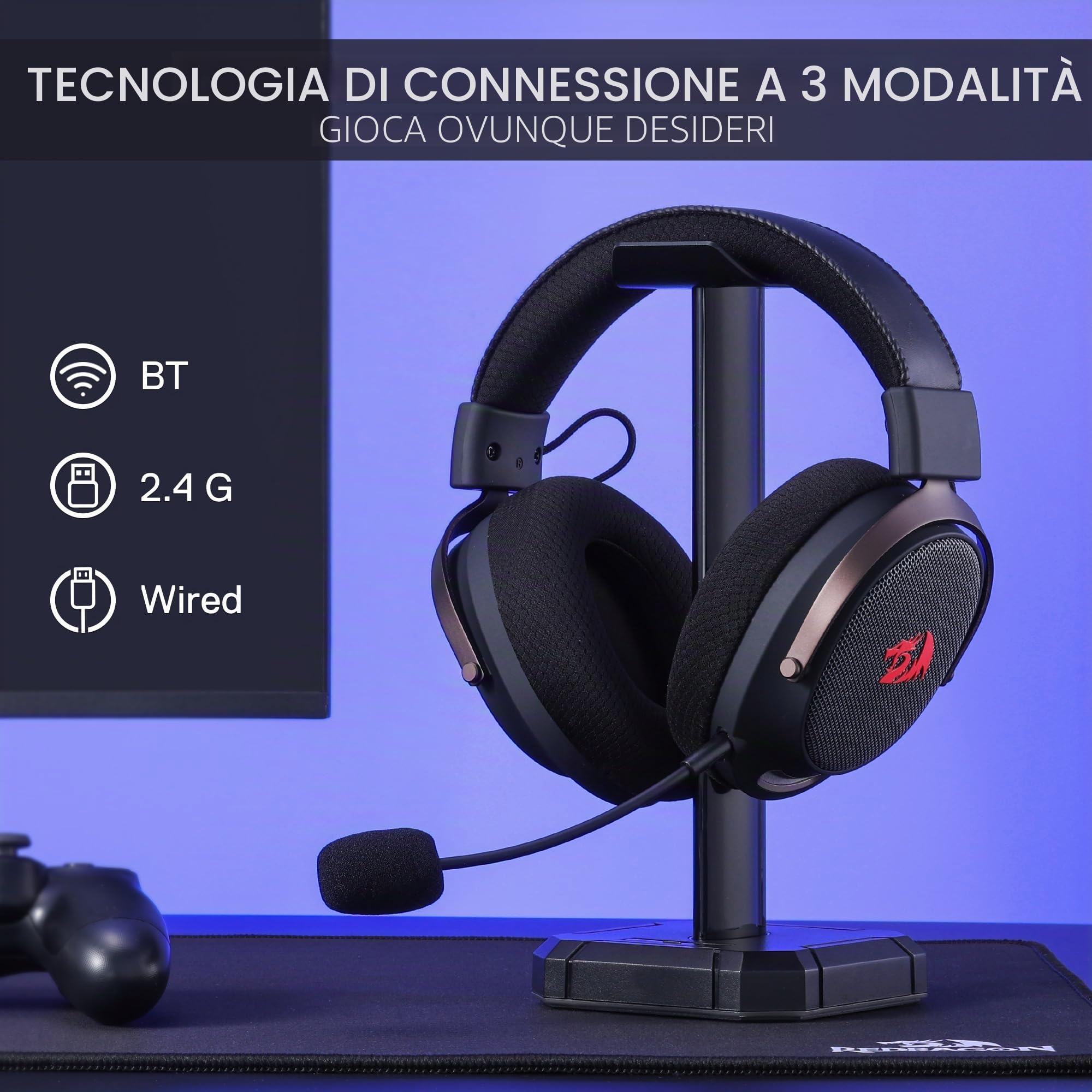 Redragon H858 Cuffie Gaming Senza Fili 7.1 Surround Nere | Driver 53 mm, cuscinetti memory foam, microfono rimovibile, compatibile con PC PS5 NS cellulare
