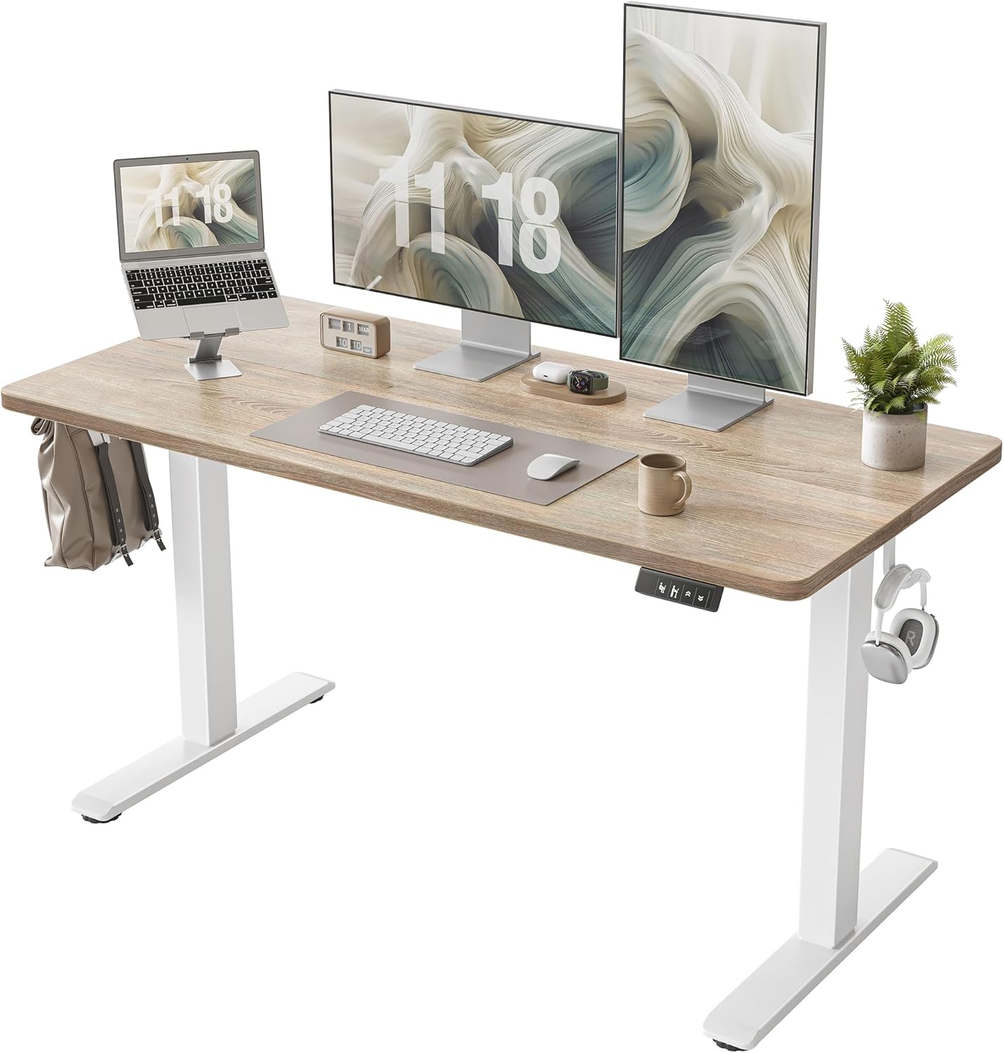 TIQLAB Height Adjustable Electric Standing Desk, 55 x 24 inch, Sit Stand Up Desk, Splice Board, Computer Home Office Desk, White Frame/Maple Top