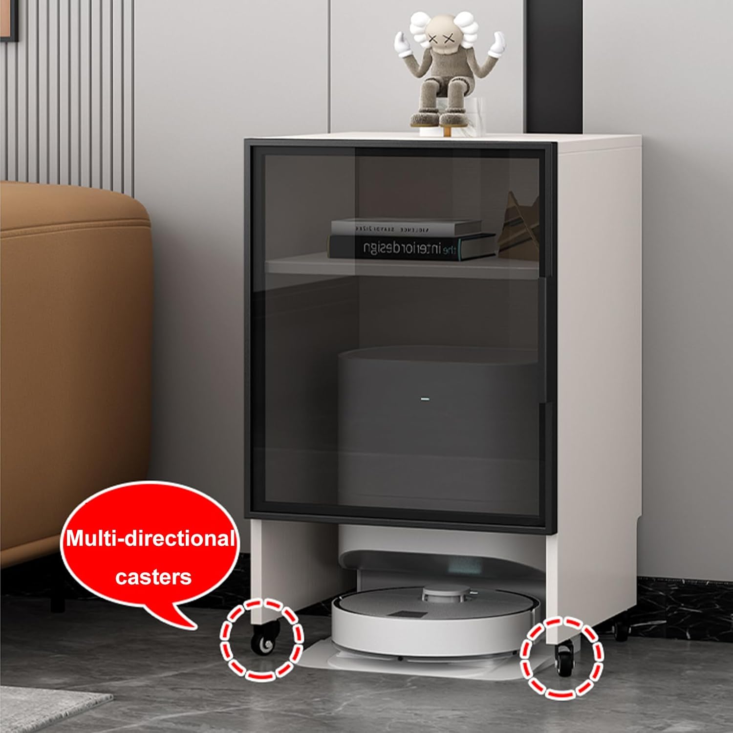 Robot Vacuum Stand Cabinet with Tempered Glass Doors & Silent Wheels - Industrial Tech Style Storage Organizer for Robotic Vacuum, Side Table for Living Room, Home Office White with Gold Frame