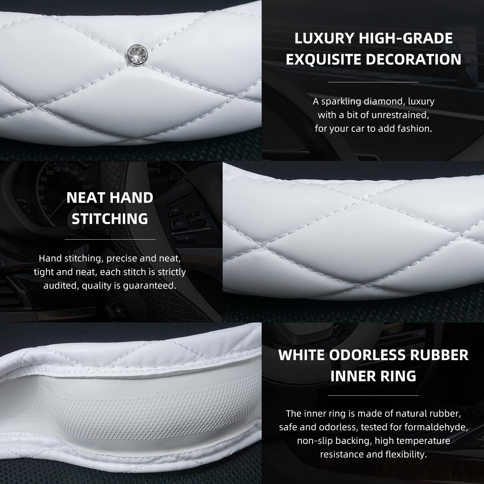 Cute Sparkly White Car Steering Wheel Cover, Soft Breathable Anti-Slip PU Leather Steering Wheels Covers with Diamond Bling Rhinestone,Universal Protector Cars Accessories