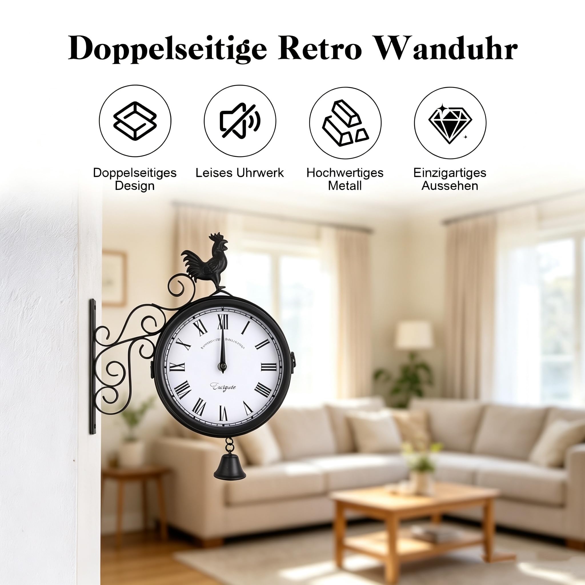Bahnhofsuhr Doppelseitig, 20cm Zifferblatts Retro Wandmontage Gartenuhr, Analoge Wanduhr mit Leises Uhrwerk, 30 x 37 cm für Garten, Bahnhof, Schlafzimmer, Wohnzimmer, Büro