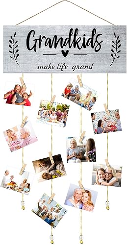 Marco de fotos para regalos de abuela, marco de fotos para nietos con clips de madera y cuerdas redondas de cuentas para decoración del hogar, 15 x