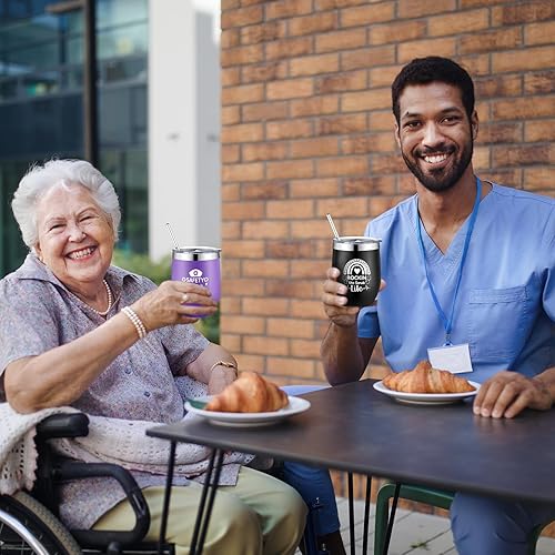 Miniatura 5 de Zubebe 8 vasos para enfermeras con tapa con pajilla, taza de café de enfermería de acero inoxidable, botella de agua para enfermera, divertido