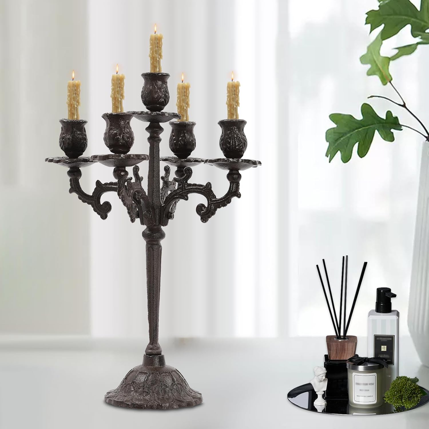 5-Arm Candle Holder Vintage Candelabra Table Candelabra Stand Cast Iron Candlestick Holder Decorative Candle Stand for Home Wedding Event and Party Festival