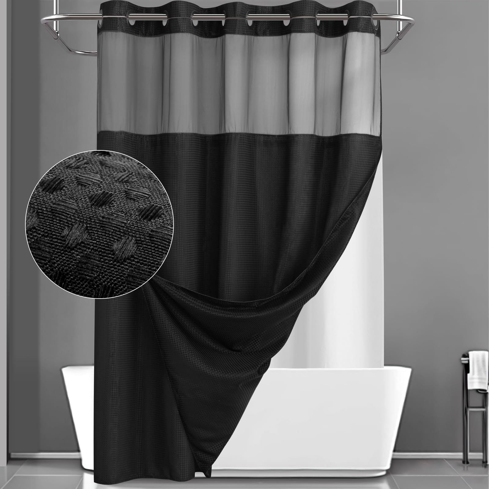 YellyHommy No Hook Shower Curtain with Snap in Liner Set Black Waffle Shower Curtain for Bathroom 75" L x 72" W