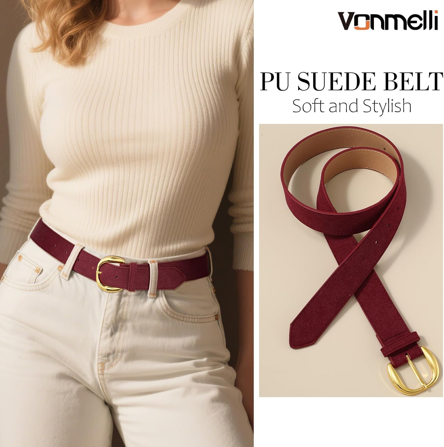 VONMELLI Women Suede Leather Belt for Jeans Dresses Ladies Waist Belt with Retro Gold Buckle - Image 3