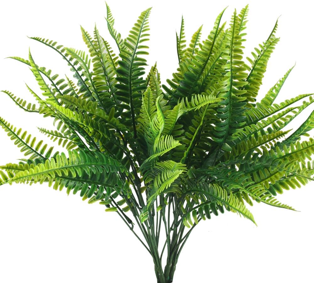 HUAESIN4Pcs Artificial Fern Outdoor Faux Fern Plants Fake Boston Ferns Grass Plastic Greenery Bushes Shrubs Bundles for Front Porch Window Boxes Planter Hanging Basket Garden Wedding Decor 40cm