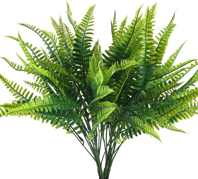 HUAESIN 4Pcs Artificial Fern Outdoor Faux Fern Plants Fake Boston Fern Plants Plastic Greenery Bushes Shrubs Bundles Patio Basket Pot Hanging Garden Planter Indoor Outside Decor 40cm
