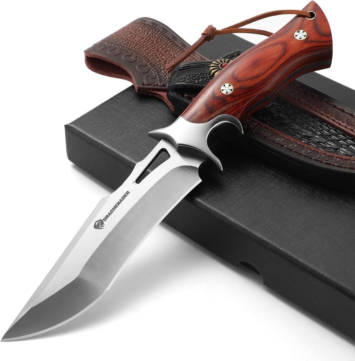 DRACHENADER 10.24" M390 Knives Hunting Knife Fixed Blade with Leather Sheath, Bushcraft Full Tang Knife Non-slip Red Coloured Wooden Handle