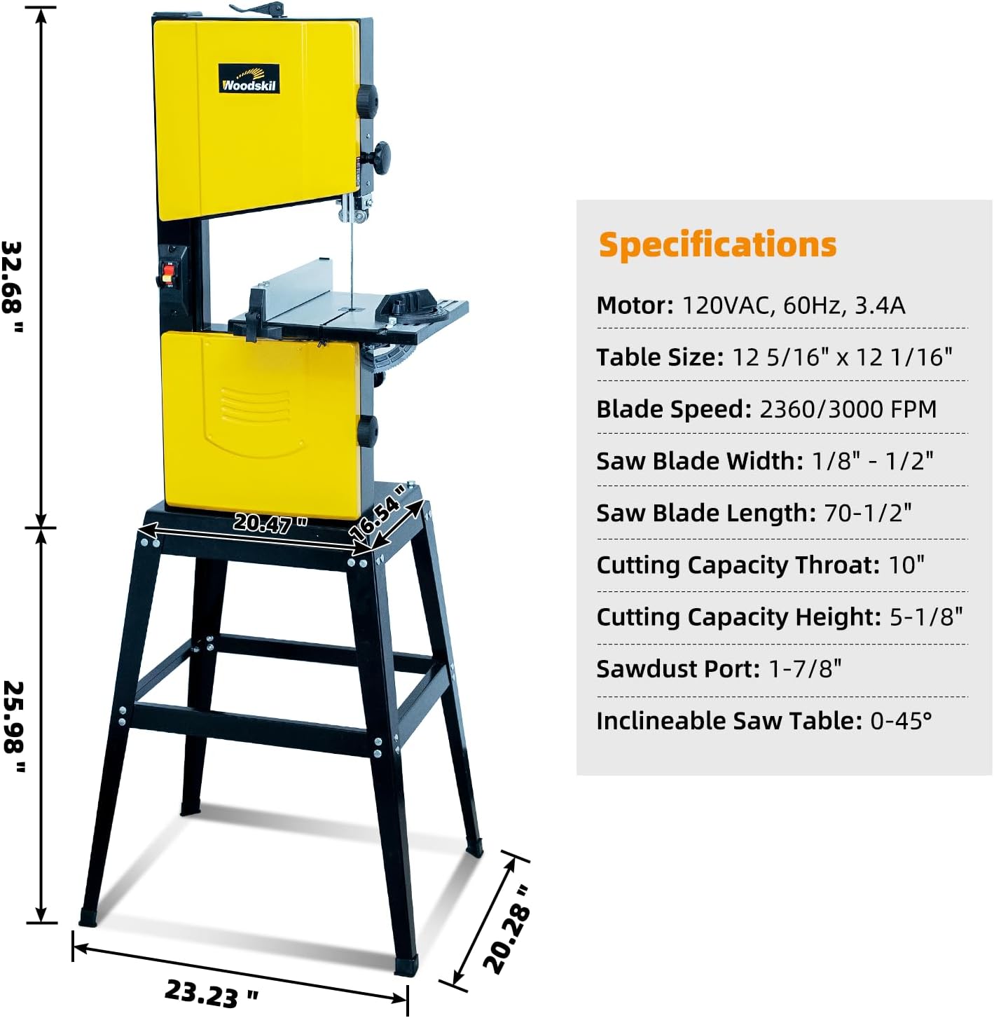 Woodskil 10 Inch Dual Speed Band Saw with Stand, 4.3A 2360/3000 FPM Benchtop Bandsaw with Quick Tension System & Quick Tool-Free Doors for Hard & Soft Woodworking, DIY