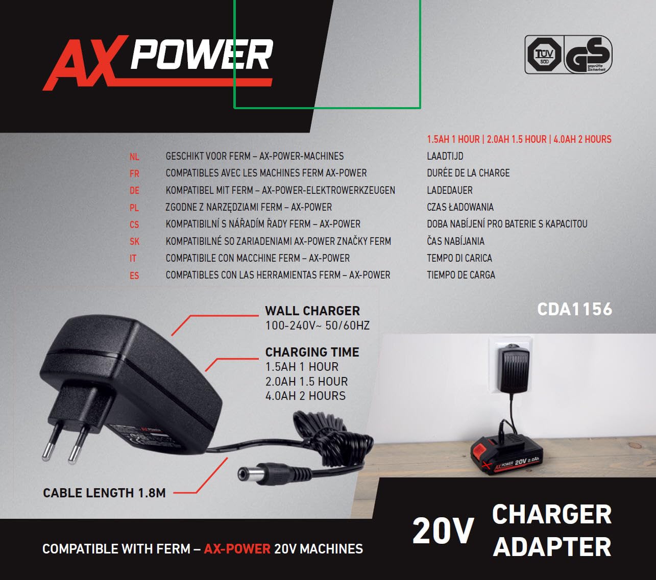 FERM AX-Power adapter do ładowania – ładowarka akumulatorowa 20 V