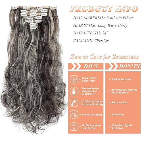 Miniatura 5 de Yekartary Extensiones de cabello con pinzas, 7 piezas de 24 pulgadas, cabello ondulado largo, rizado, cabello sintético de trama gruesa, para mujer,