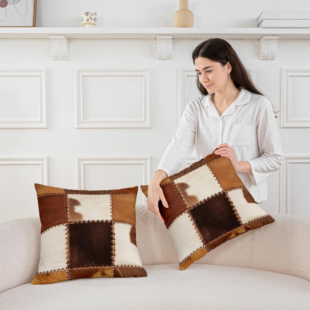 2Pcs of (Not Real)Cowhide Throw Pillow Covers 24x24,Patchwork Cow Fur Print Decorative Pillow Covers For Outdoors Car,Farm Plaid Grid Pillow Covers Cow Decor,Western Cowboy Cushion Covers,Brown White