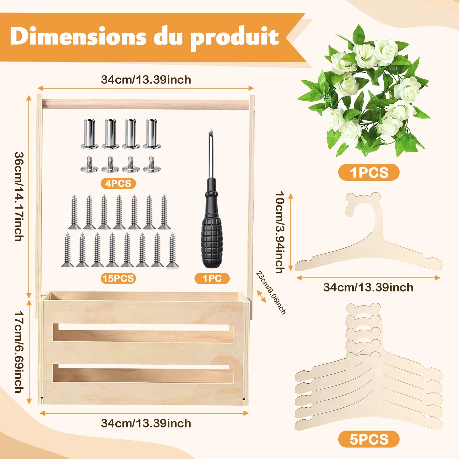 Cadeau Baby Shower avec Panier en Bois | Panier de Rangement Pratique pour Bébé avec 6 Cintres en Bois et Guirlande Florale Artificielle | Ensemble Cadeau pour Baby Shower et Fête de Naissance
