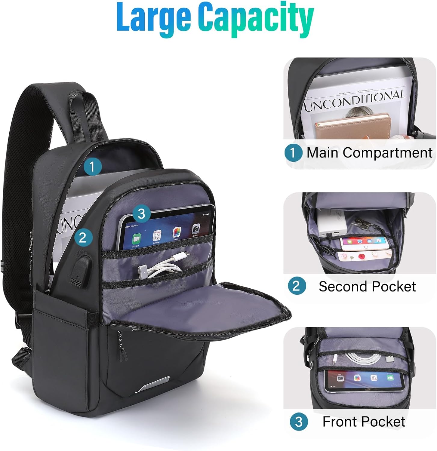 MOSISO Sling Backpack Travel Hiking Daypack,Large Crossbody Sling Bag with USB Charging Port for Men Women 3 Layer Pockets One Shoulder Bag for Outdoor Sports Casual Commuting, Slate Gray - Image 2