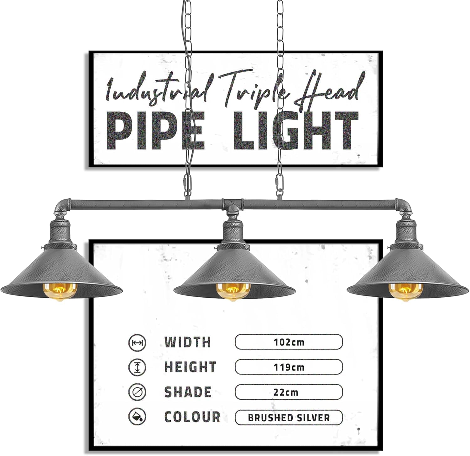 Ledsone Brushed Silver Industrial 3-Light Pendant Ceiling Light Metal Adjustable Chain E27 Cone Shade Steampunk Hanging Fixture For Kitchen, Dining Room, Bar, Loft, Living Room