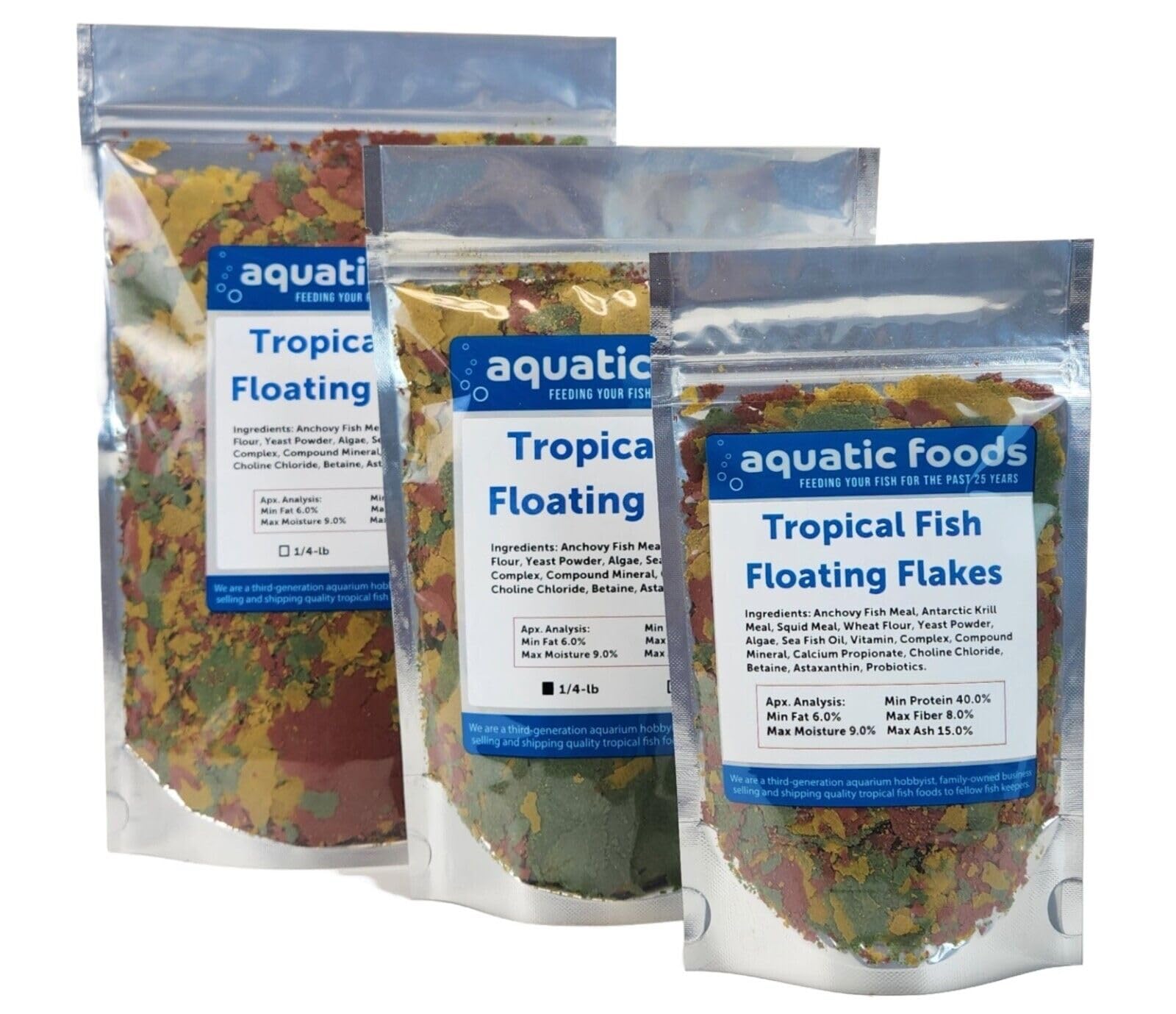 Aquatic Foods Inc. Tropical Fish Flakes, Mix of Krill, Color Enhancing, Spirulina Flakes for Cichlids, Angels, Tetras, Guppies. 12-Type Pellet Mix & 4-Type Wafers Included...WL 1/4-lb Foil Bag