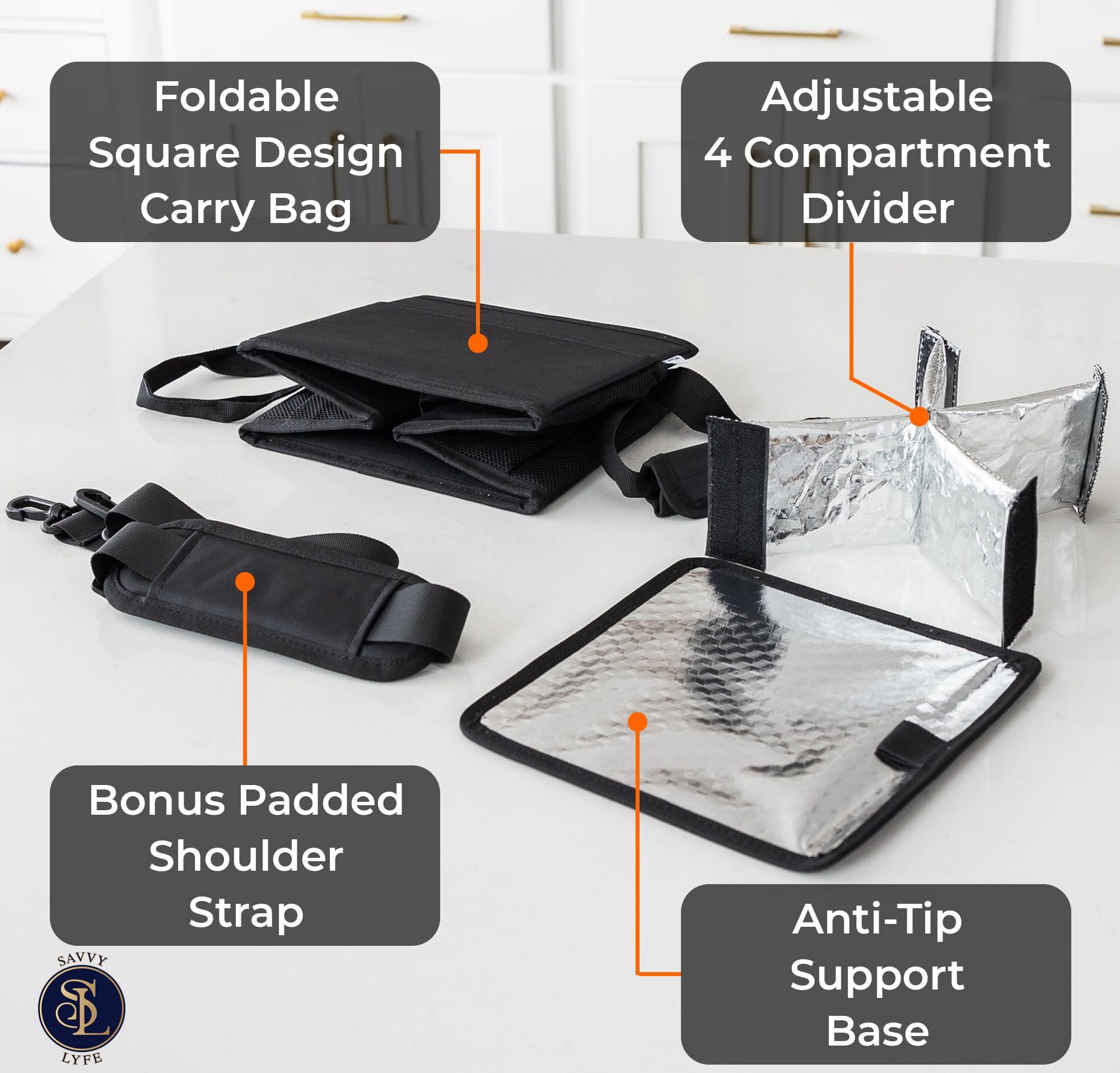 Savvy Lyfe Reusable Drink Carrier with Handle – 4 Cup Insulated Portable Cup Holder with Shoulder Strap – Leakproof, Foldable, Adjustable Dividers Caddy Tray, Water Bottle Holder, Bag for Delivery