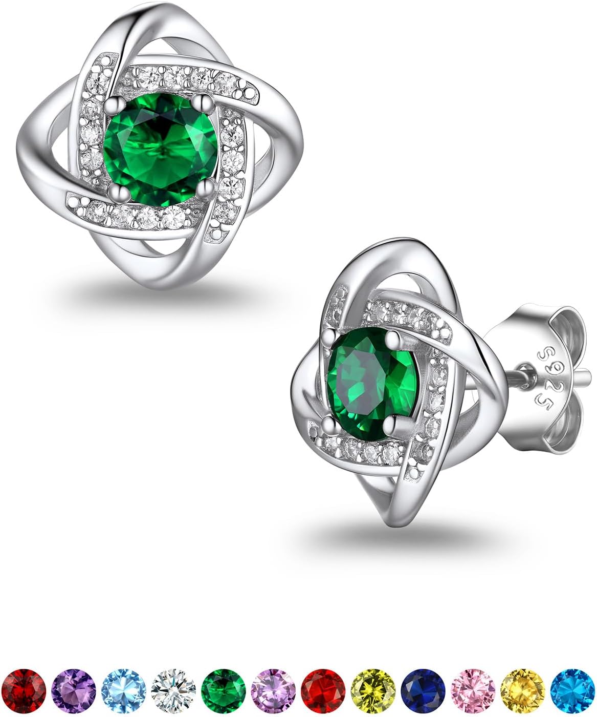 Suplight Love Knot Birthstone Earrings for Women, S925 Sterling Silver Earrings Flat Back Diamond Stud Earrings Christmas Gifts for Women Emerald Sapphire Earrings Birthday Gifts for Women Wife Mom