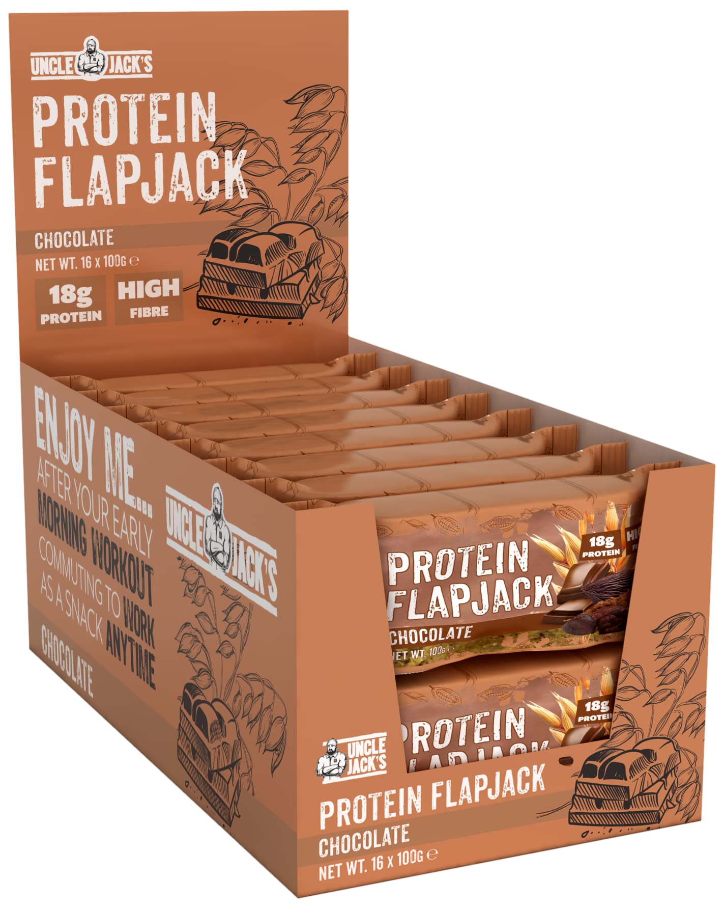 Uncle Jack's Protein Flapjacks | 16 x 100g | 18g Protein | High Protein, High Fibre | Vegetarian | (Chocolate)