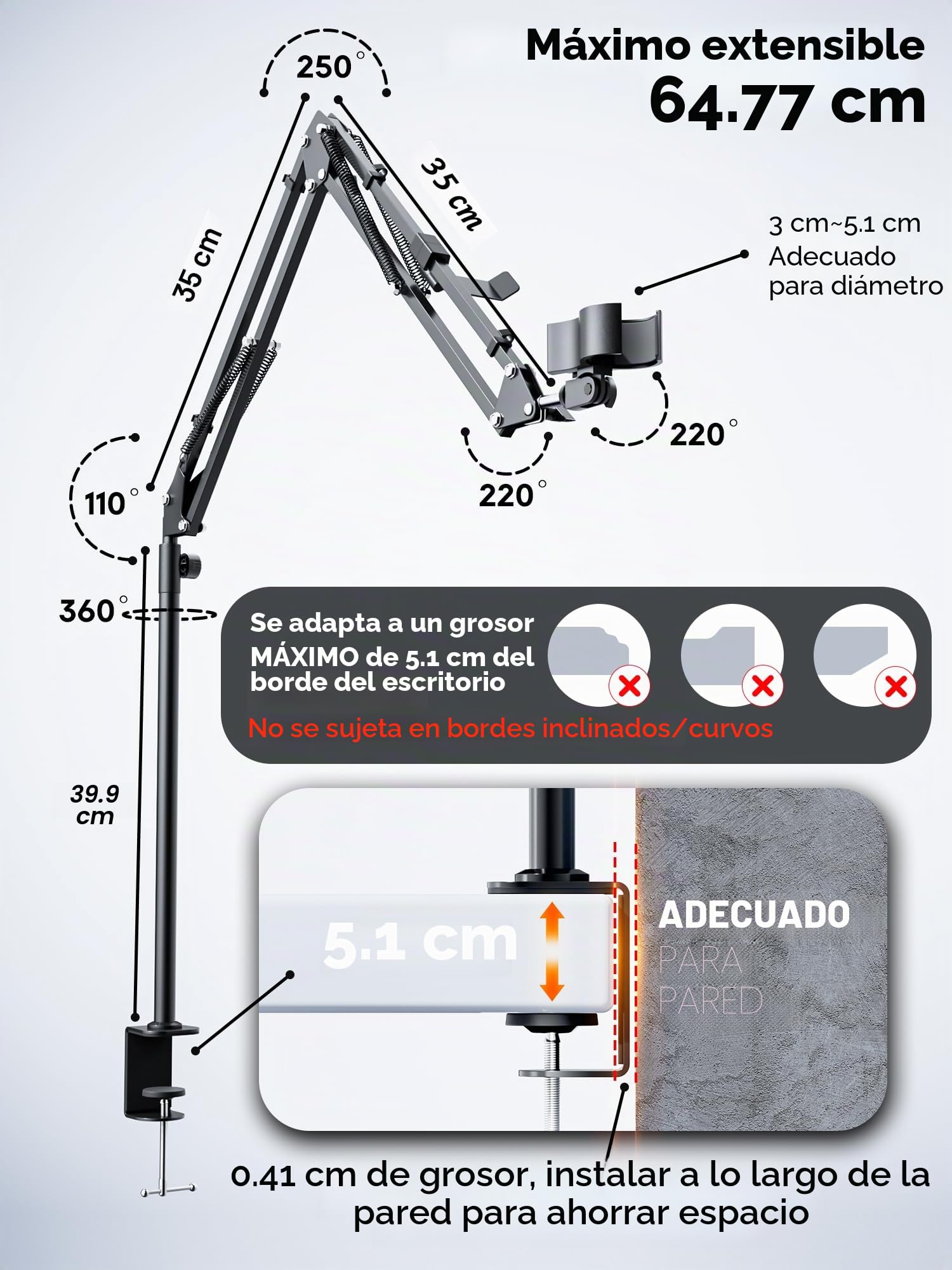 Brazo Boom, soporte de micrófono giratorio de 360 ° con soporte de mesa, brazo plegable para micrófono de mesa con adaptador de rosca de 3/8 pulgadas a 5/8 pulgadas, brazo de micrófono para streaming