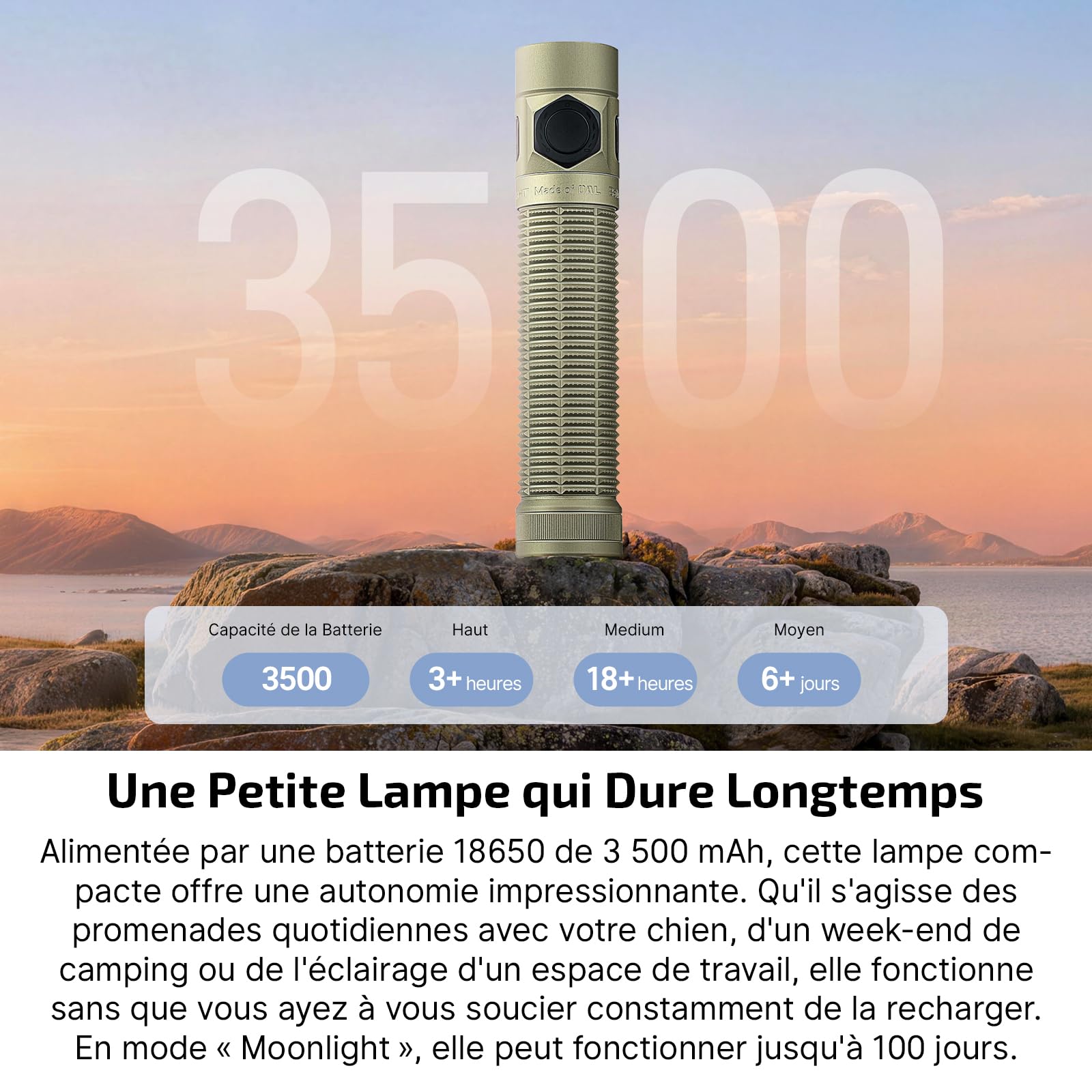 OLIGHT Baton Ultra Lampe Torche Rechargeable EDC, 1800 Lumens, Portée 300m, LED EIP 1, Superalliage OAL, Etanche IPX8, Double Interrupteur, pour Exploration Extérieure Travail Urgences, Vert Olive