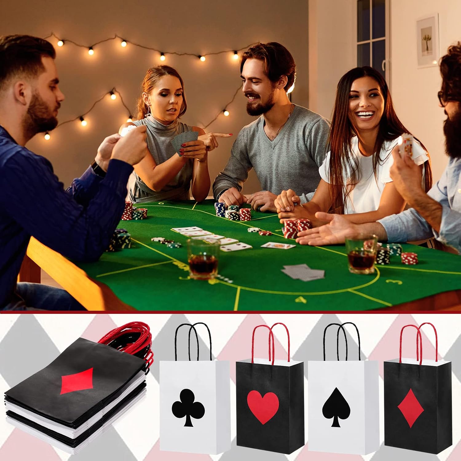 Outus 24 Pcs Casino Party Favor Bags | Casino Theme Party Gift Decoration Supplies, 8.3 x 6 x 3 Inches, Las Vegas Poker Goody Treat Paper Bags, Birthday Decor