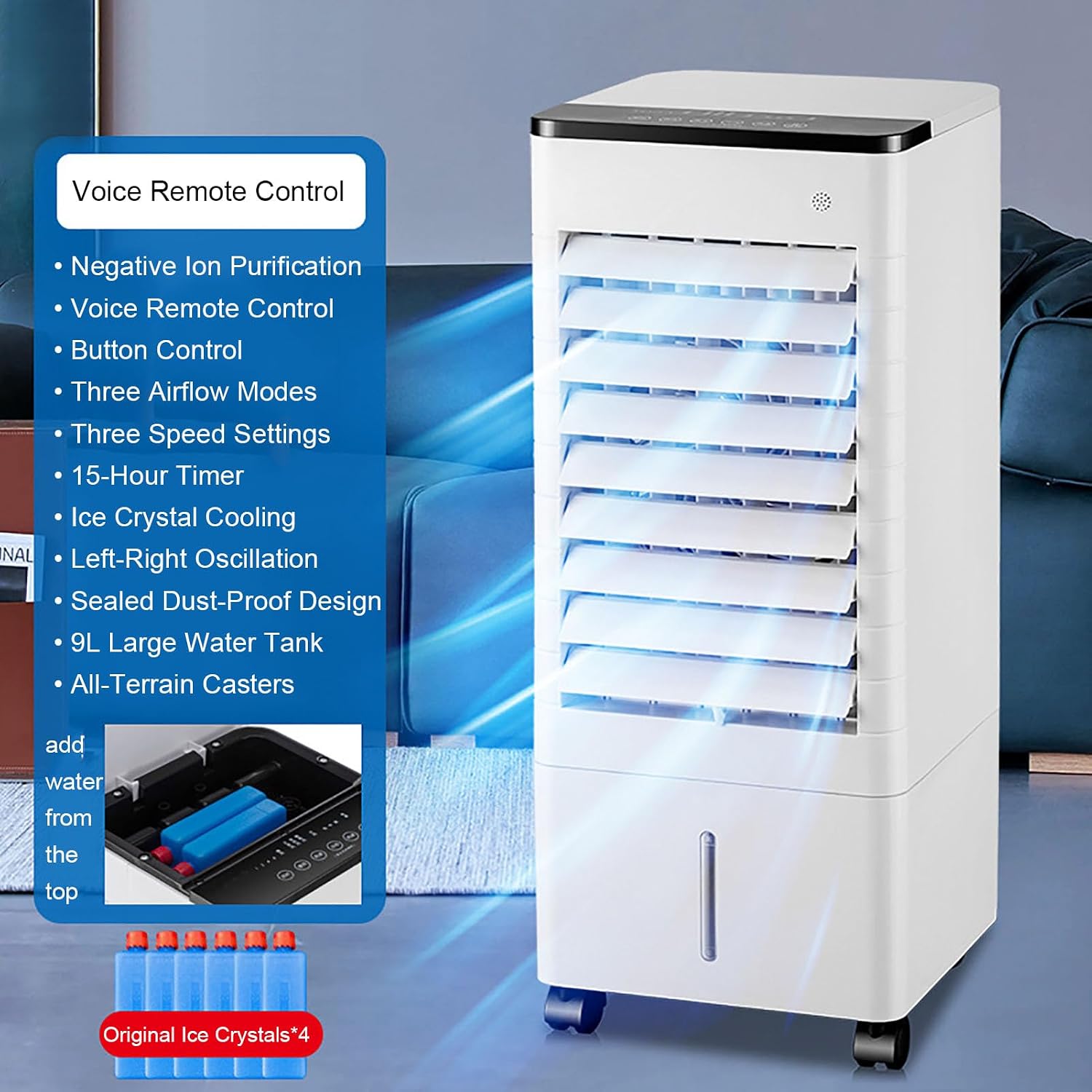 Portable Swamp Cooler that Blow Cold Air,90°Oscillation,Easy- to-use Remote Control,1-15H Timer,Voice/Remote,3 Speeds,Energy Saving,9L Water Tank,Home Bedroom Office Garage