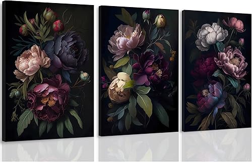 ICHZUMW Arte de pared floral Moody enmarcado, juego de 3 lienzos de pared envueltos con peonías vintage, impresiones florales de academia oscura,