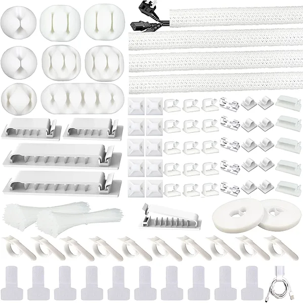DRIVUU White Cable Management Organizer Kit 4 Cable Sleeve Split,47Cable Clips 12Cord Clips Holder,22 Cable Ties, 20 Adhesive Wall Cable Tie, 200Fasten Cable Ties for TV Electronics