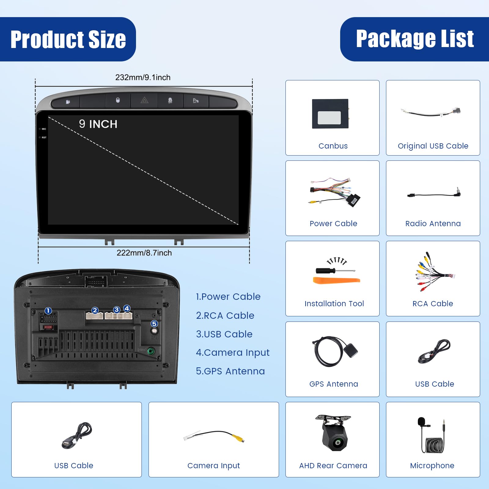 4+64G Inefala Android 15 Autoradio pour Peugeot 308 408 2007-2015 avec 9''Incell Écran Tactile,Carplay Voiture Android Auto sans Fil,Autoradio Bluetooth avec Caméra de Recul GPS WiFi RDS/FM EQ SWC MIC