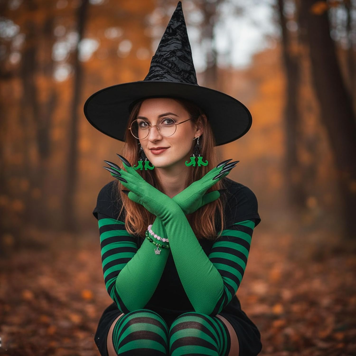 YLYGJGL 6-PCS Witchs Hat, Glasses Green Gloves Striped Stockings Friendship Matching Bracelets Earrings, Gothic Witchs Accessories Green Witch Costume Accessory Set for Adult Halloween Cosplay - Image 4