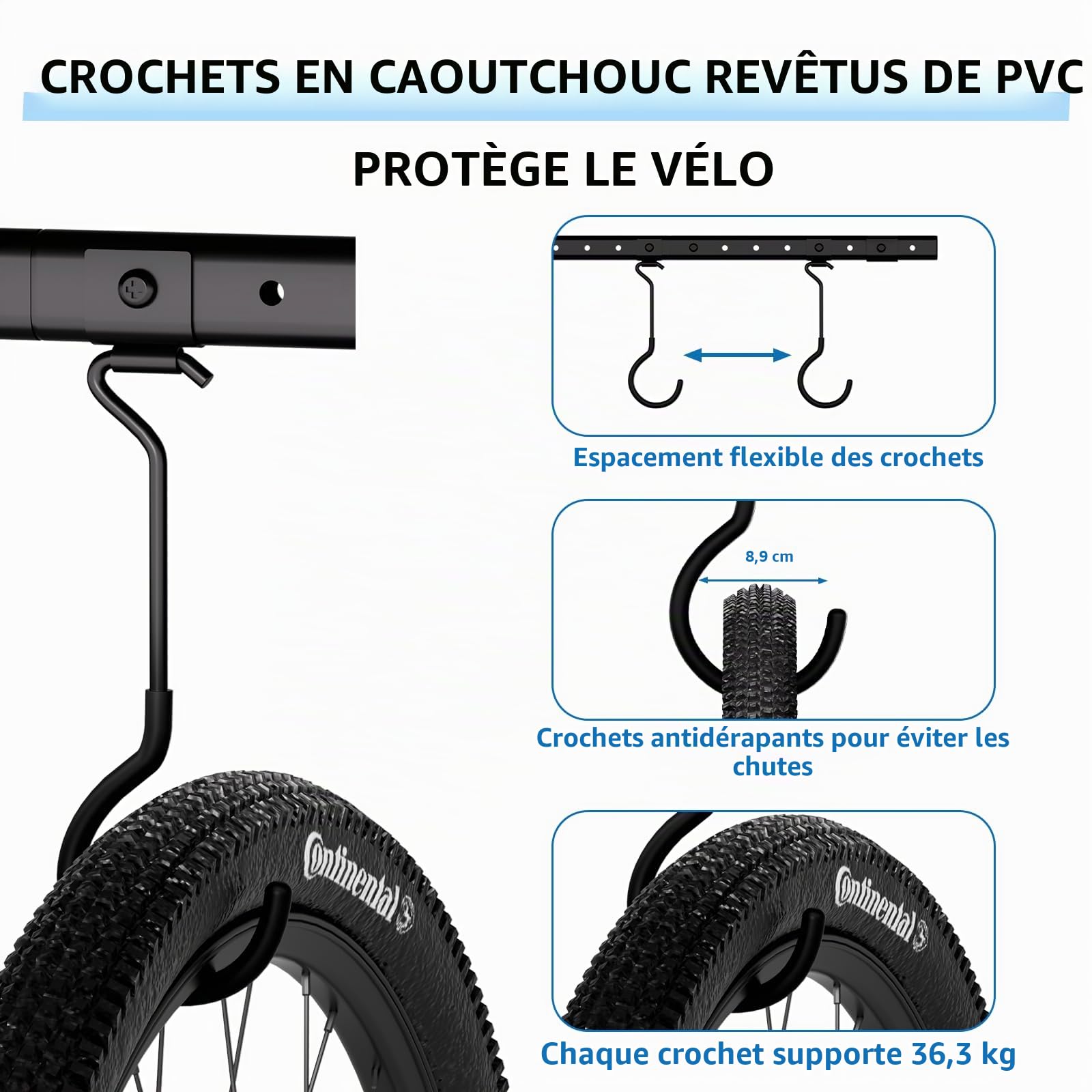 Urban Deco Support de vélo monté au plafond pour garage, système de cintres de vélo avec 8 crochets de plafond réglables, peut contenir 4 à 8 vélos, solutions de rangement de vélos de garage pour