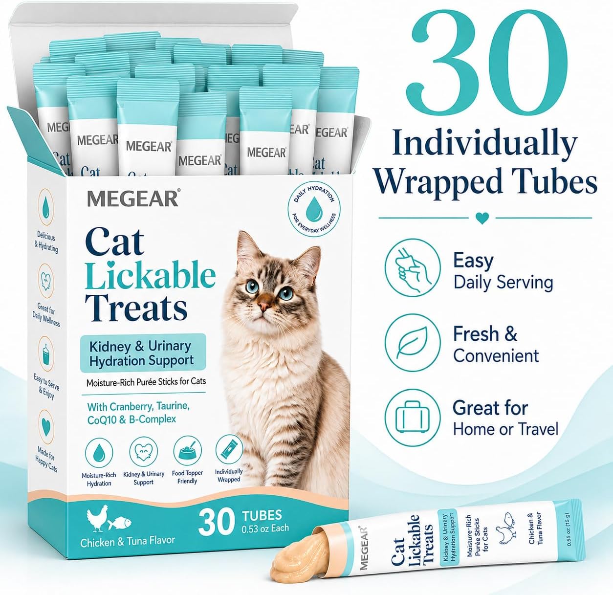 Cat Lickable Treats, Kidney & Urinary Hydration Support Purée Sticks, with Cranberry, Taurine, CoQ10 & B-Complex, Chicken & Tuna Flavor, 30 Tubes image 5